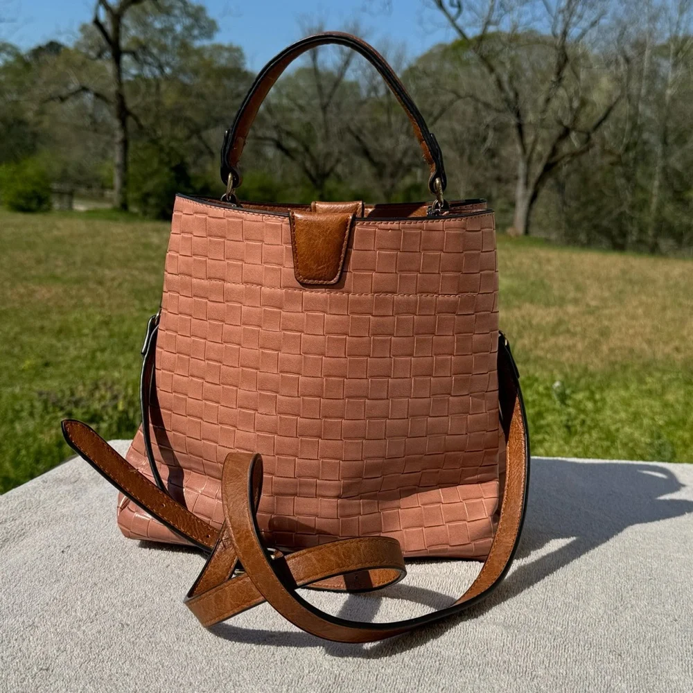 JEN & CO Woven Textured Tote Bag Pink Brown Crossbody Vegan Leather